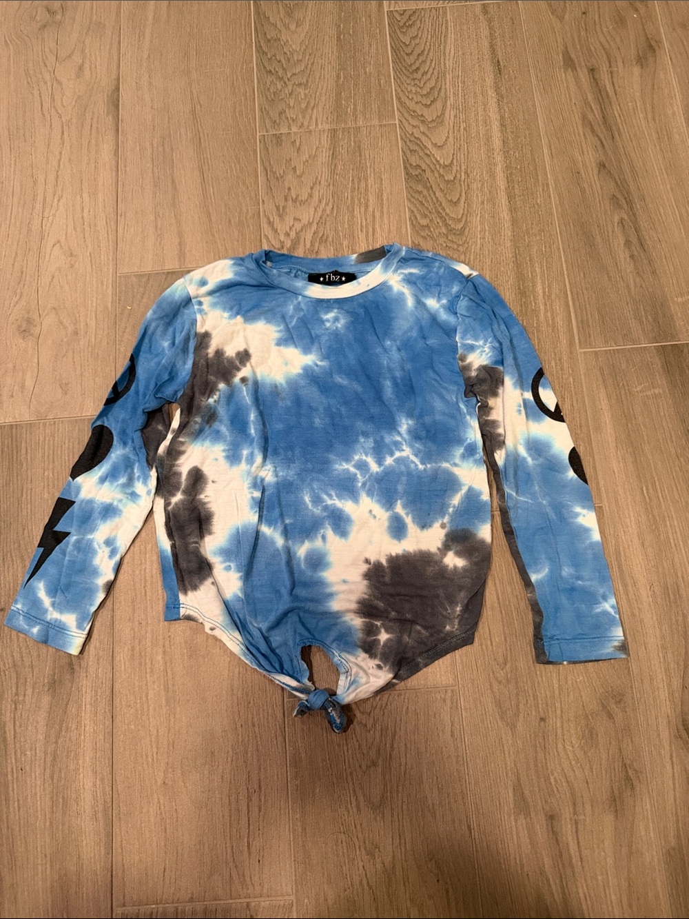 Flowers By Zoe Girls Blue & Black Tie-Dye Long Sleeve Knot Front Top Size 5